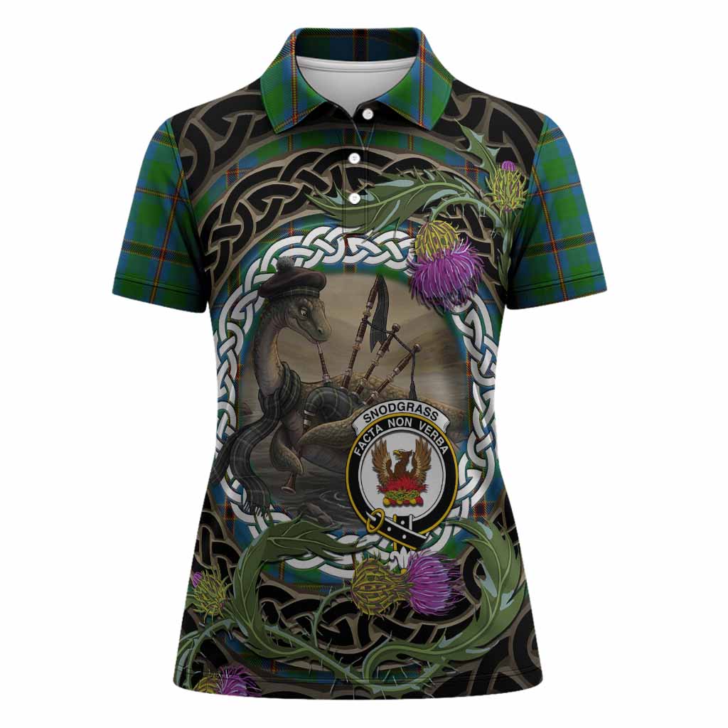 Snodgrass Tartan Crest Bagpipe Nessie Women Polo Shirt Scottish Loch Ness Monster Celtic Thistle