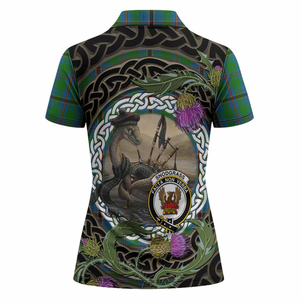 Snodgrass Tartan Crest Bagpipe Nessie Women Polo Shirt Scottish Loch Ness Monster Celtic Thistle