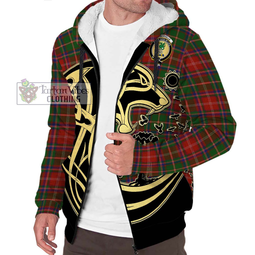 Somerville Tartan Sherpa Hoodie with Family Crest Celtic Wolf Style Unisex S - Tartan Vibes Clothing