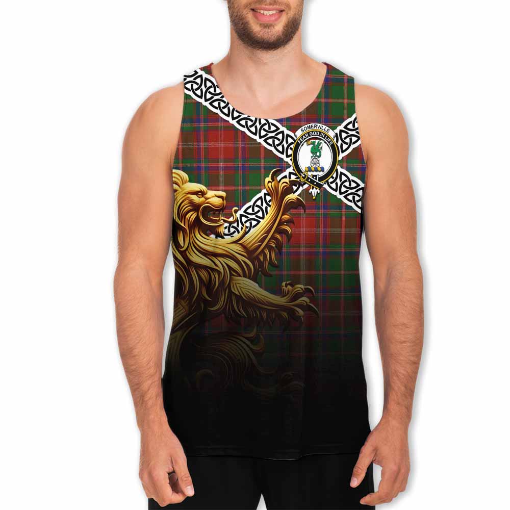 Tartan Vibes Clothing Somerville Crest Tartan Men's Tank Top with Golden Lion Emblem Celtic Style