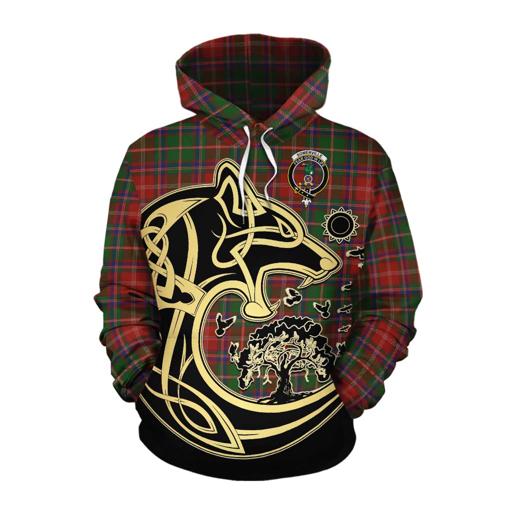 Tartan Vibes Clothing Somerville Tartan Cotton Hoodie with Family Crest Celtic Wolf Style