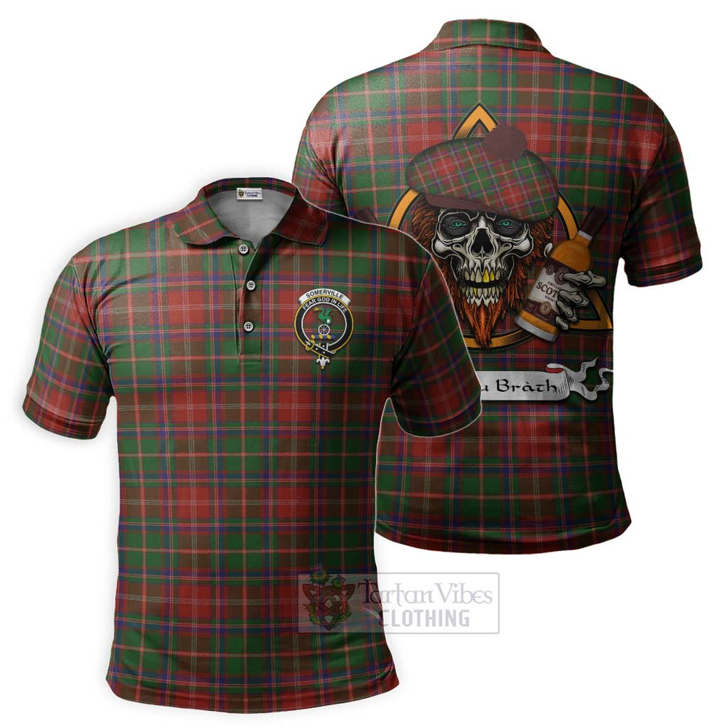Tartan Vibes Clothing Somerville Tartan Polo Shirt with Family Crest and Bearded Skull Holding Bottles of Whiskey