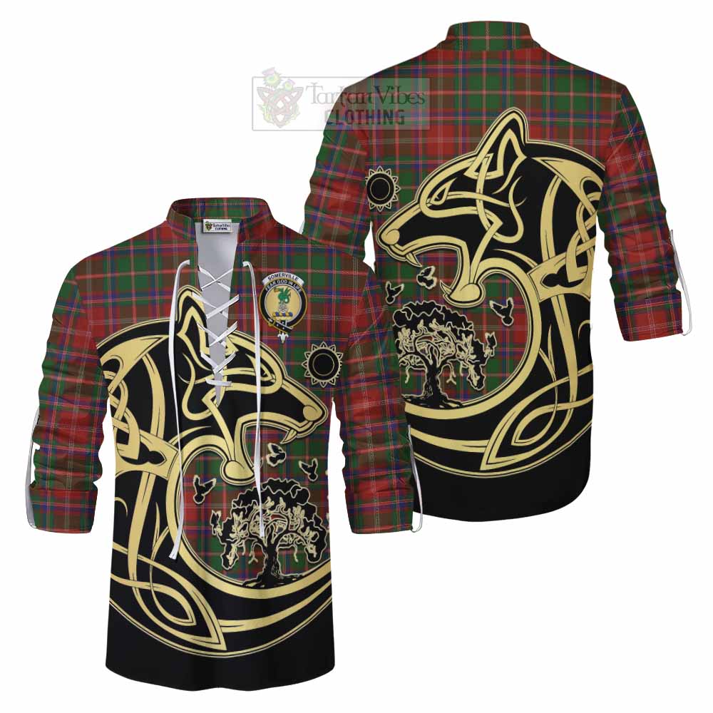 Tartan Vibes Clothing Somerville Tartan Ghillie Kilt Shirt with Family Crest Celtic Wolf Style