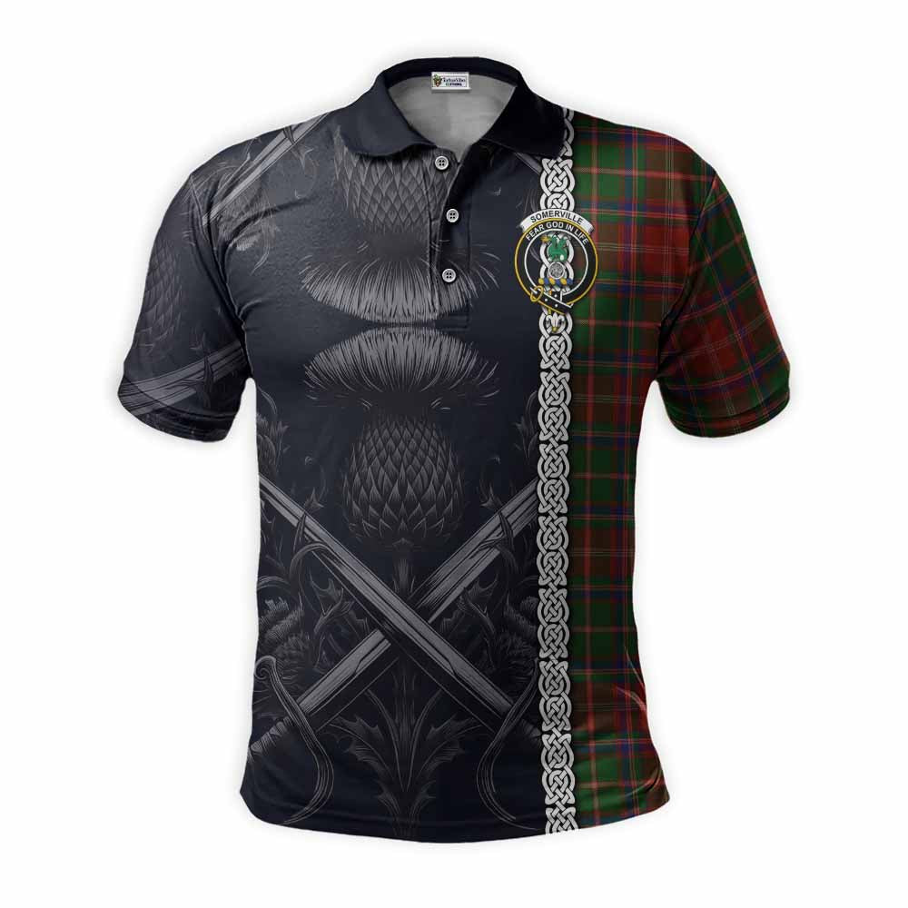 Tartan Vibes Clothing Somerville Tartan Polo Shirt with Family Crest Cross Sword Thistle Celtic Vibes