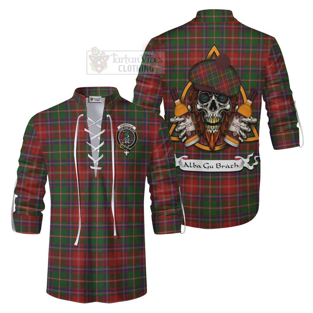 Tartan Vibes Clothing Somerville Tartan Ghillie Kilt Shirt with Family Crest and Bearded Skull Holding Bottles of Whiskey