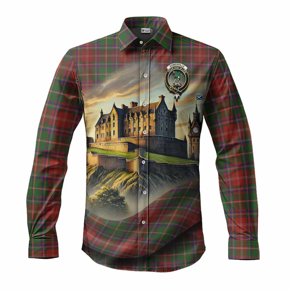 Tartan Vibes Clothing Somerville Tartan Family Crest Long Sleeve Button Shirt with Scottish Ancient Castle Style