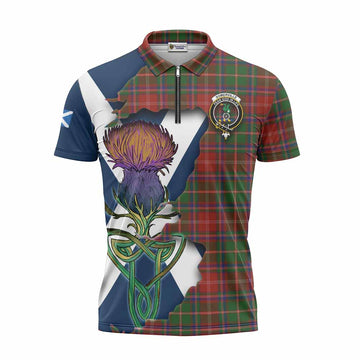 Somerville Tartan Family Crest Zipper Polo Shirt Scottish Thistle Celtic Inspired