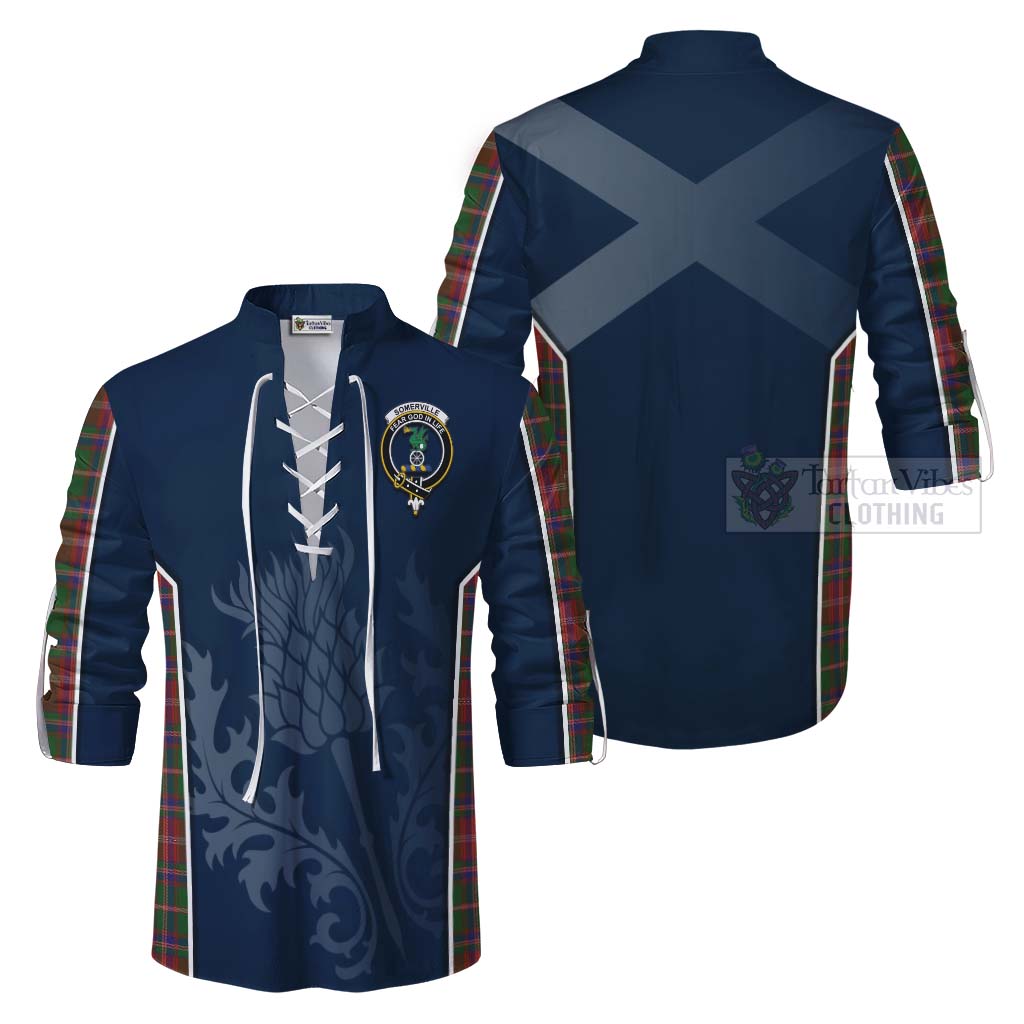 Tartan Vibes Clothing Somerville Tartan Ghillie Kilt Shirt with Family Crest and Scottish Thistle Vibes Sport Style