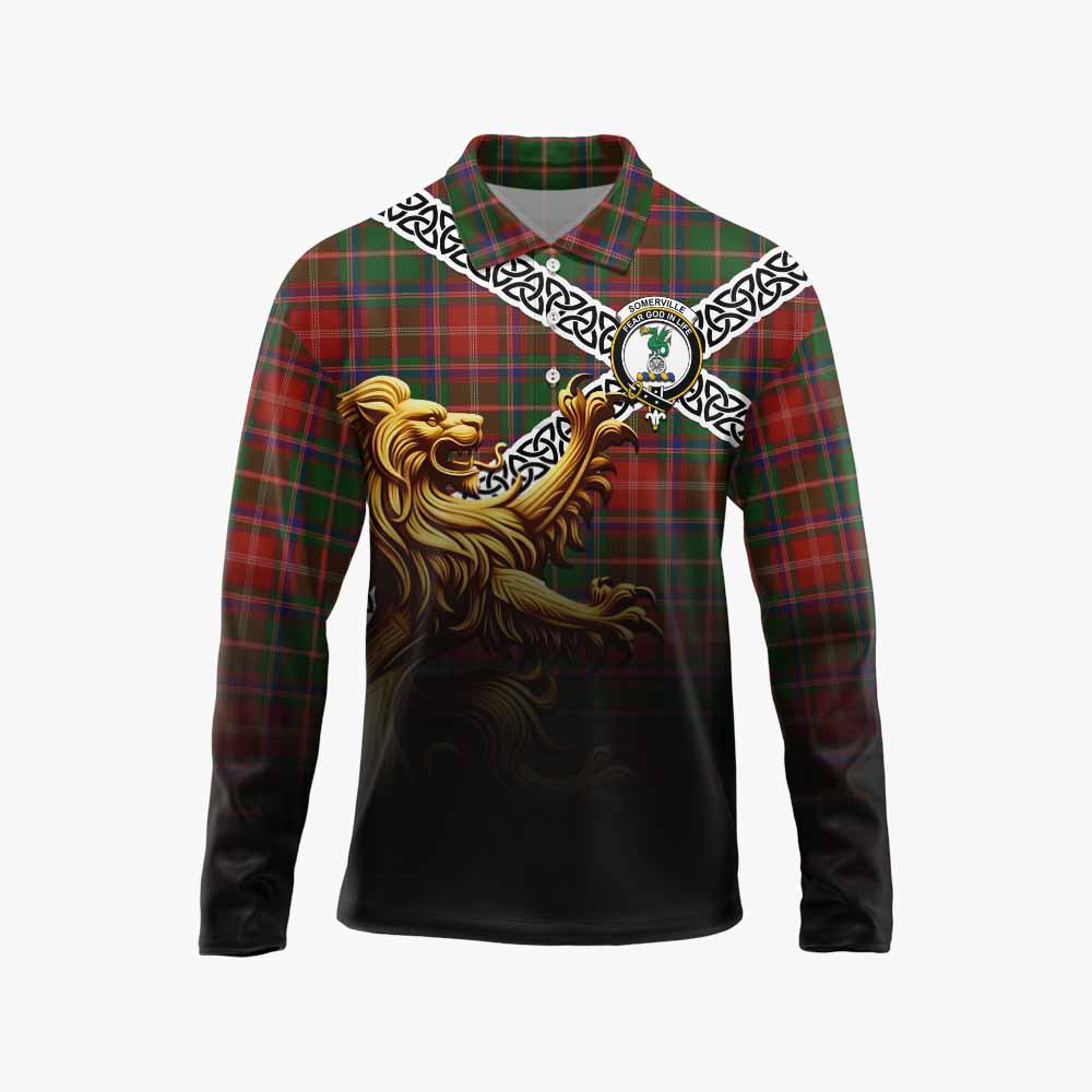 Tartan Vibes Clothing Somerville Crest Tartan Long Sleeve Polo Shirt with Golden Lion Emblem Celtic Style