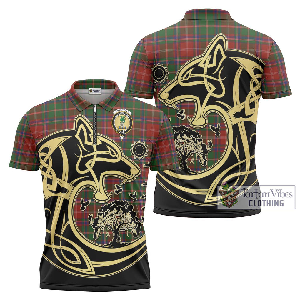 Somerville Tartan Zipper Polo Shirt with Family Crest Celtic Wolf Style Unisex - Tartanvibesclothing Shop