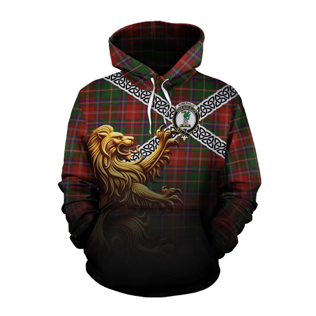 Tartan Vibes Clothing Somerville Crest Tartan Cotton Hoodie with Golden Lion Emblem Celtic Style