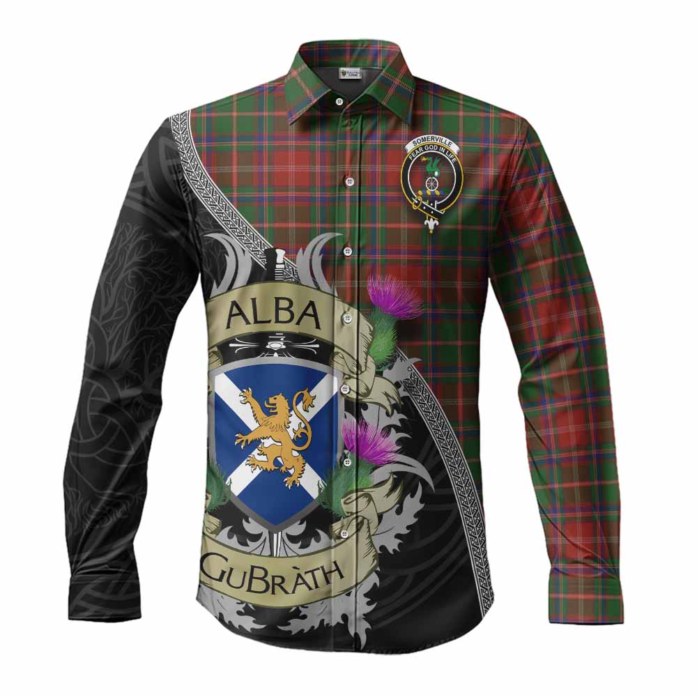 Tartan Vibes Clothing Somerville Tartan Family Crest Long Sleeve Button Shirt Lion Rampant Royal Thistle Shield Celtic Inspired