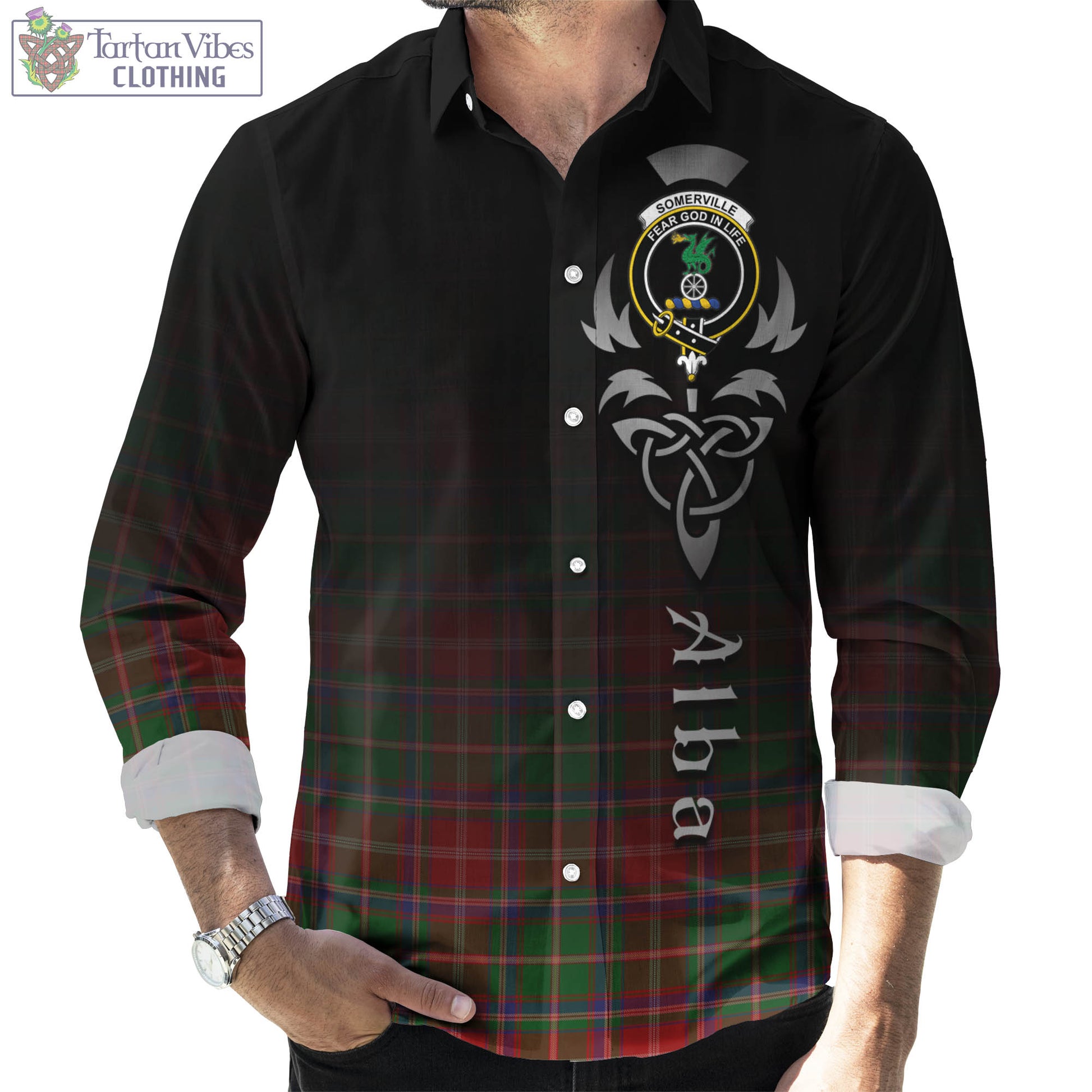 Tartan Vibes Clothing Somerville Tartan Long Sleeve Button Up Featuring Alba Gu Brath Family Crest Celtic Inspired