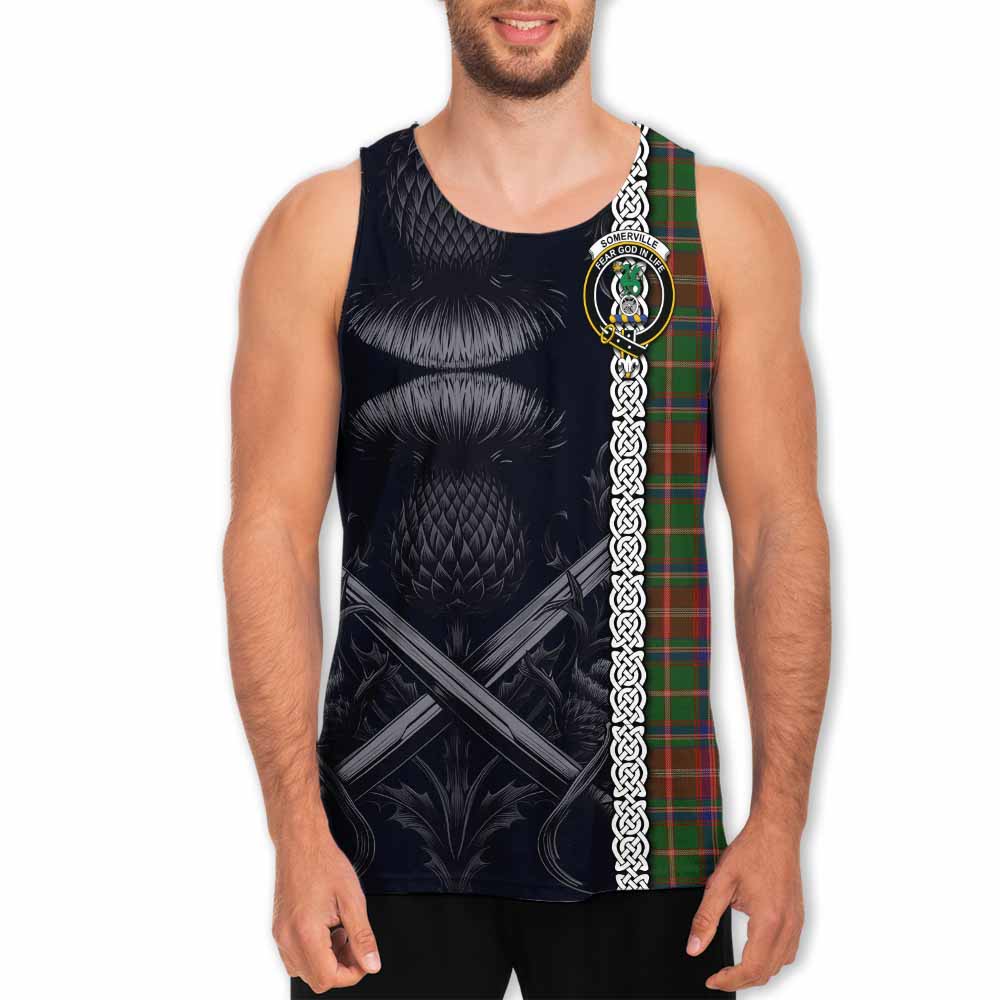 Tartan Vibes Clothing Somerville Tartan Men's Tank Top with Family Crest Cross Sword Thistle Celtic Vibes