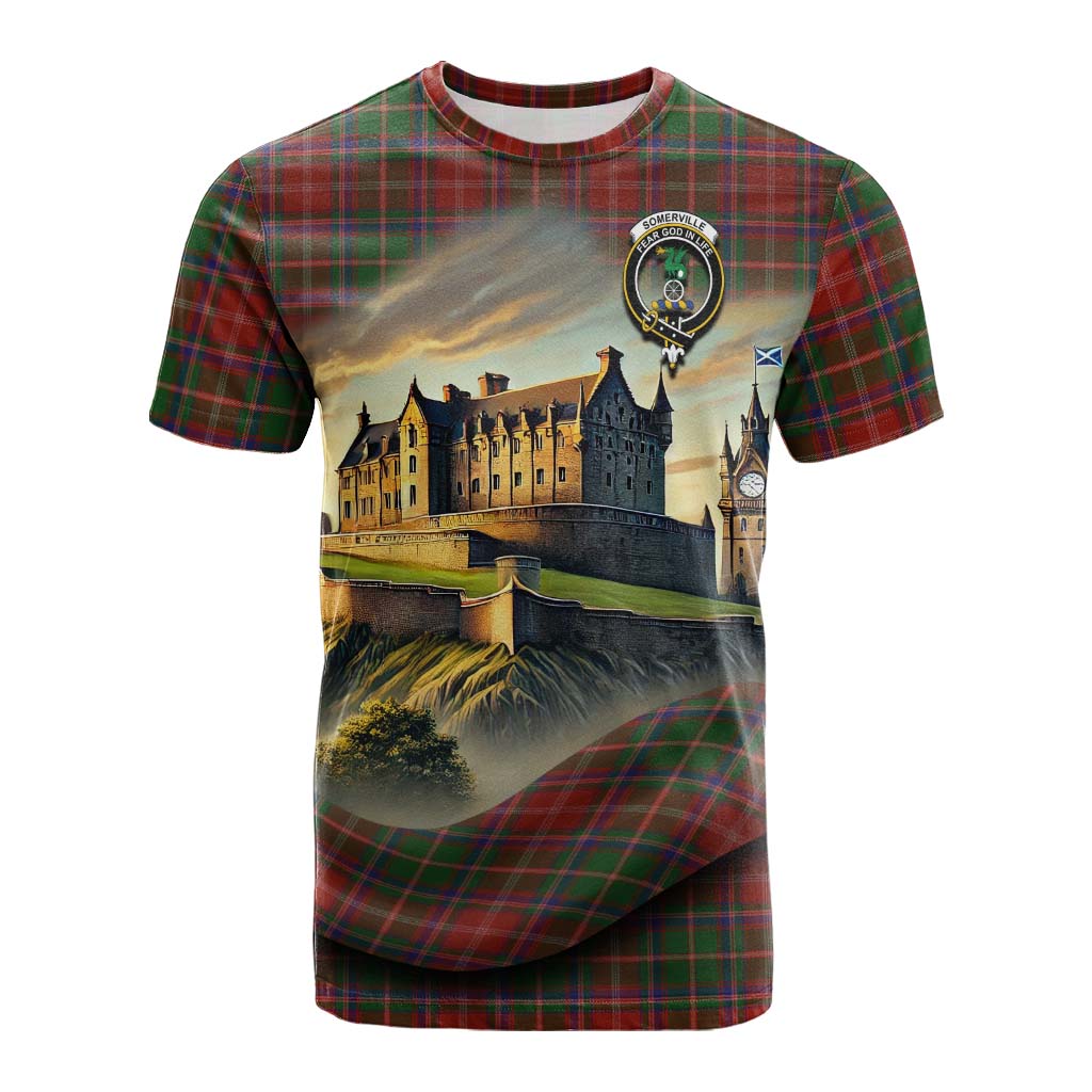 Tartan Vibes Clothing Somerville Tartan Family Crest Cotton T-shirt with Scottish Ancient Castle Style
