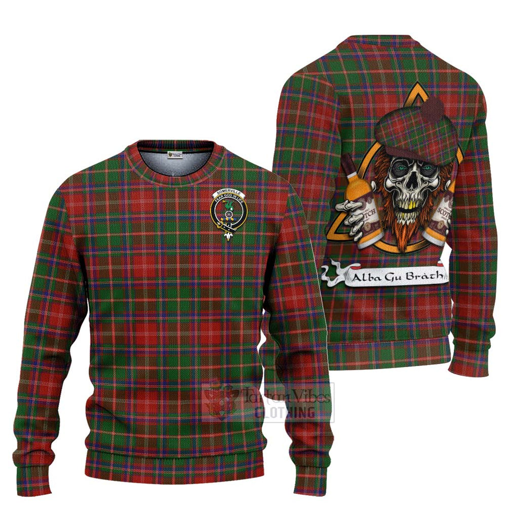 Tartan Vibes Clothing Somerville Tartan Knitted Sweater with Family Crest and Bearded Skull Holding Bottles of Whiskey