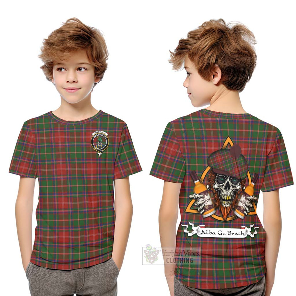 Tartan Vibes Clothing Somerville Tartan Kid T-Shirt with Family Crest and Bearded Skull Holding Bottles of Whiskey