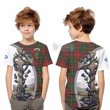 Tartan Vibes Clothing Somerville Tartan Kid T-Shirt with Family Crest and St. Andrew's Cross Accented by Thistle Vines