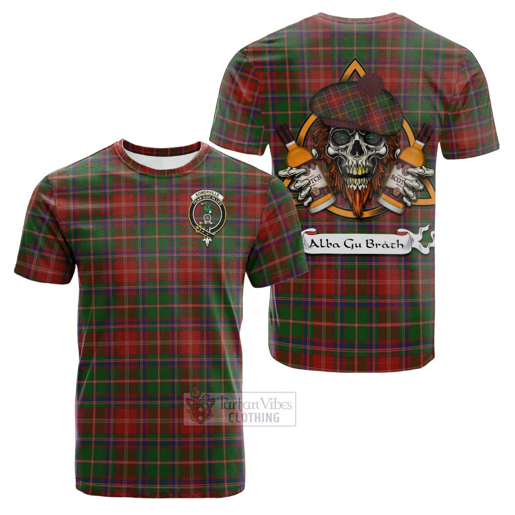 Tartan Vibes Clothing Somerville Tartan Cotton T-shirt with Family Crest and Bearded Skull Holding Bottles of Whiskey