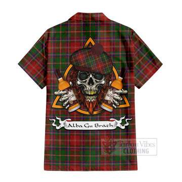 Tartan Vibes Clothing Somerville Tartan Short Sleeve Button Shirt with Family Crest and Bearded Skull Holding Bottles of Whiskey
