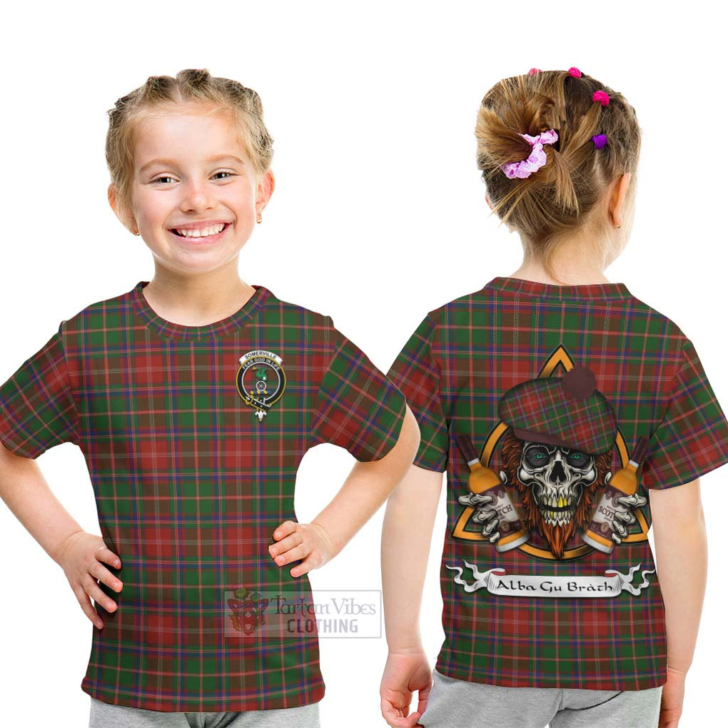 Tartan Vibes Clothing Somerville Tartan Kid T-Shirt with Family Crest and Bearded Skull Holding Bottles of Whiskey