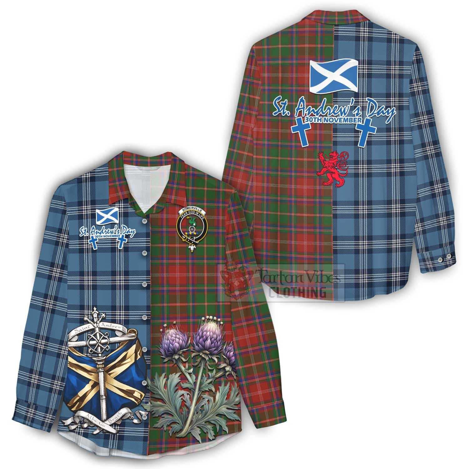 Tartan Vibes Clothing Somerville Tartan Women's Casual Shirt Happy St. Andrew's Day Half Tartan Style