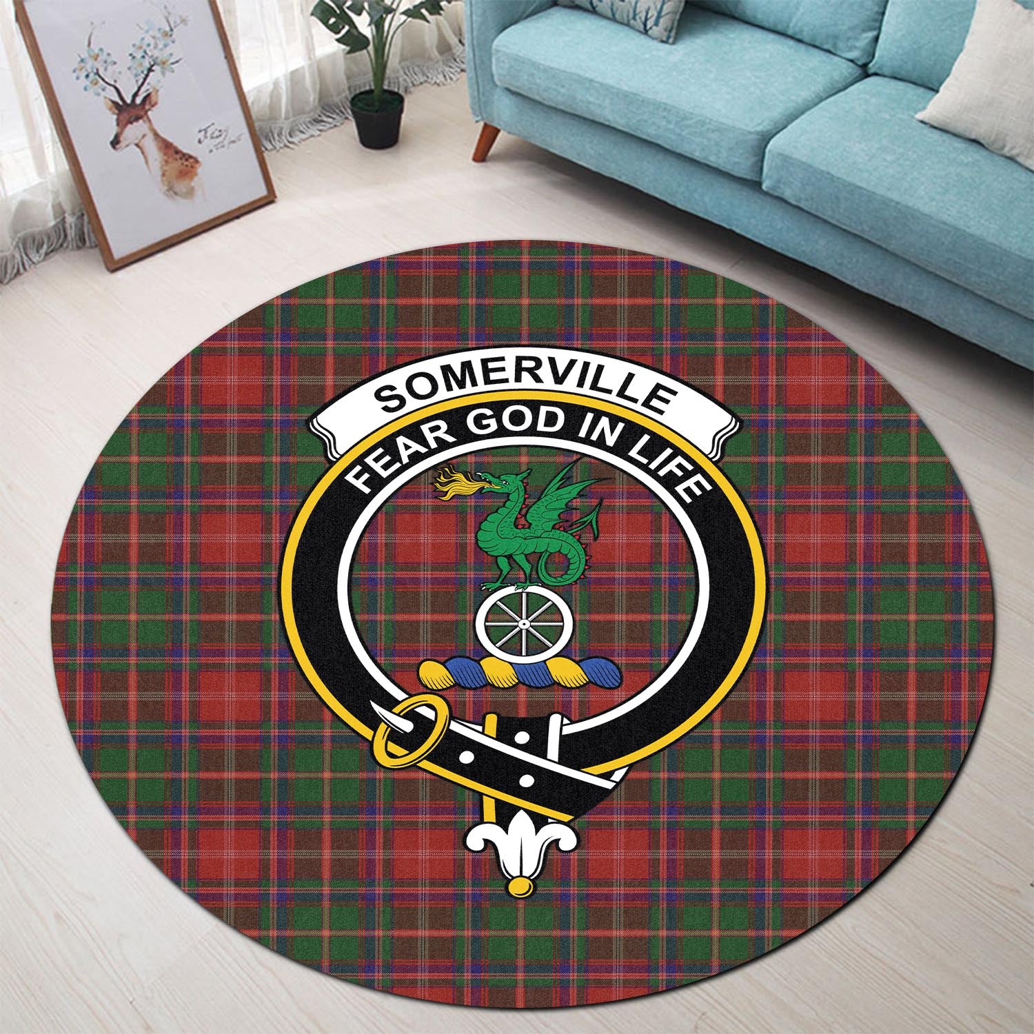somerville-tartan-round-rug-with-family-crest