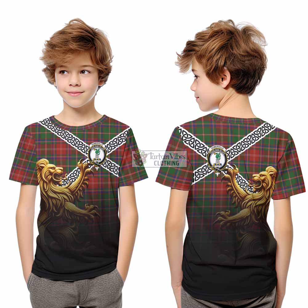 Tartan Vibes Clothing Somerville Crest Tartan Kid T-Shirt with Golden Lion Emblem Celtic Style