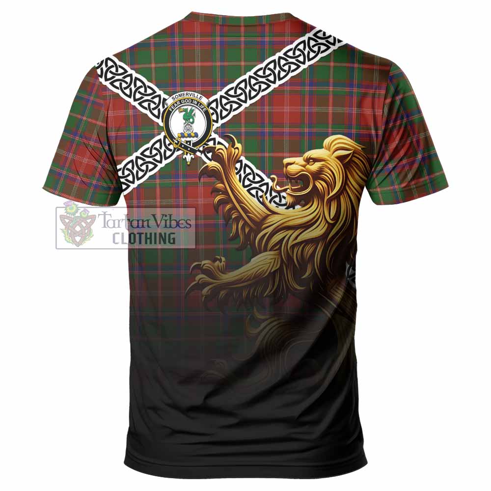 Tartan Vibes Clothing Somerville Crest Tartan T-Shirt with Golden Lion Emblem Celtic Style