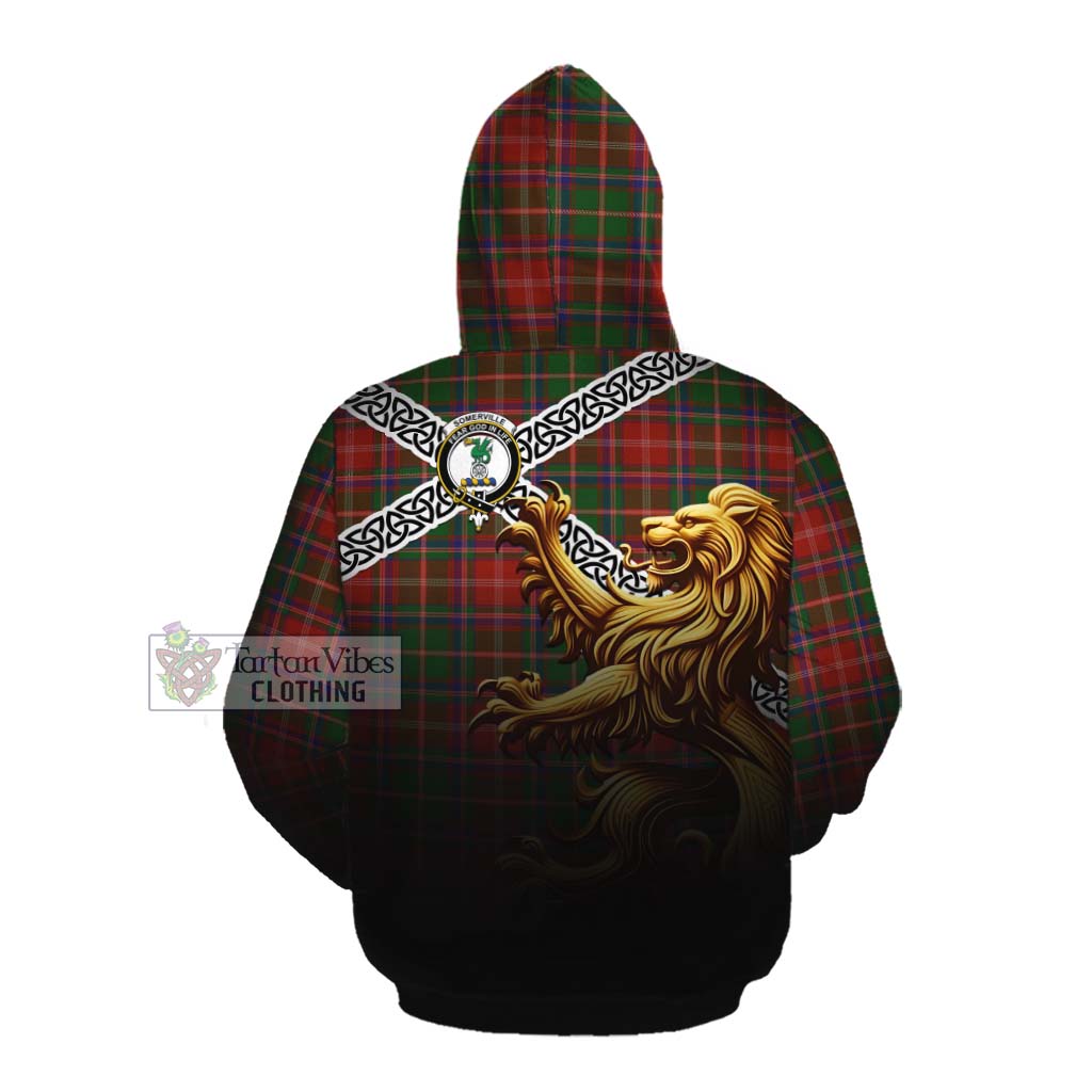 Tartan Vibes Clothing Somerville Crest Tartan Cotton Hoodie with Golden Lion Emblem Celtic Style