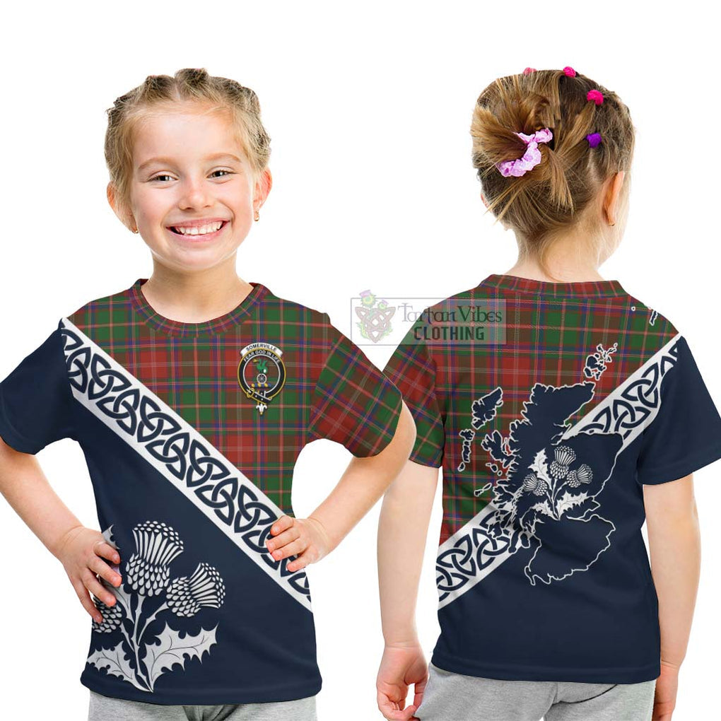 Tartan Vibes Clothing Somerville Tartan Kid T-Shirt Featuring Thistle and Scotland Map