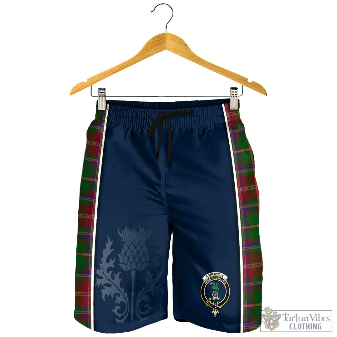 Tartan Vibes Clothing Somerville Tartan Men's Shorts with Family Crest and Scottish Thistle Vibes Sport Style