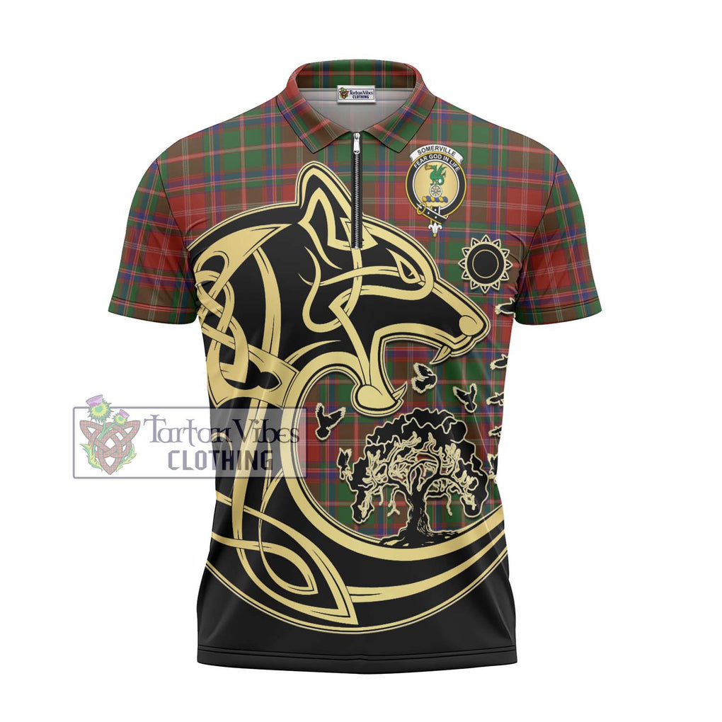 Somerville Tartan Zipper Polo Shirt with Family Crest Celtic Wolf Style - Tartanvibesclothing Shop