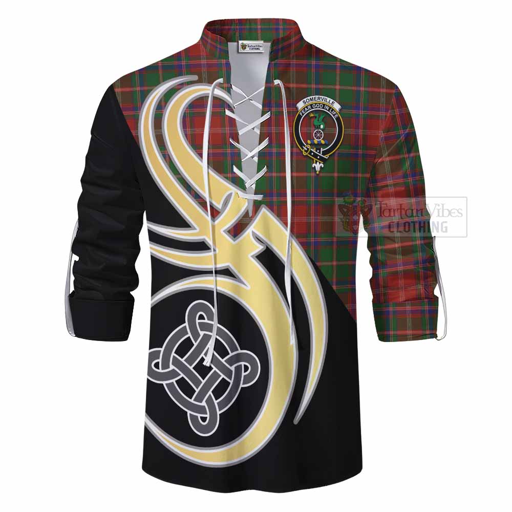 Tartan Vibes Clothing Somerville Tartan Ghillie Kilt Shirt with Family Crest and Celtic Symbol Style