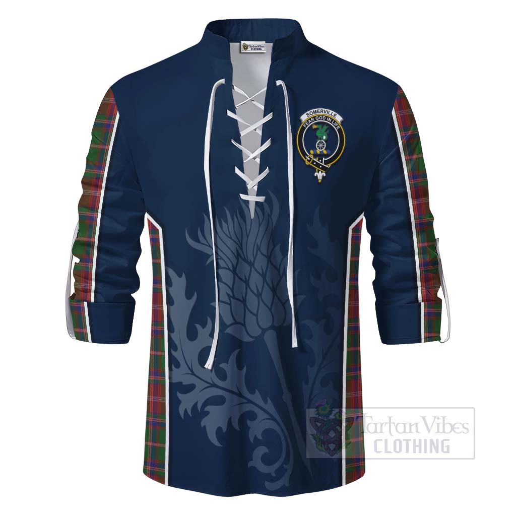 Tartan Vibes Clothing Somerville Tartan Ghillie Kilt Shirt with Family Crest and Scottish Thistle Vibes Sport Style