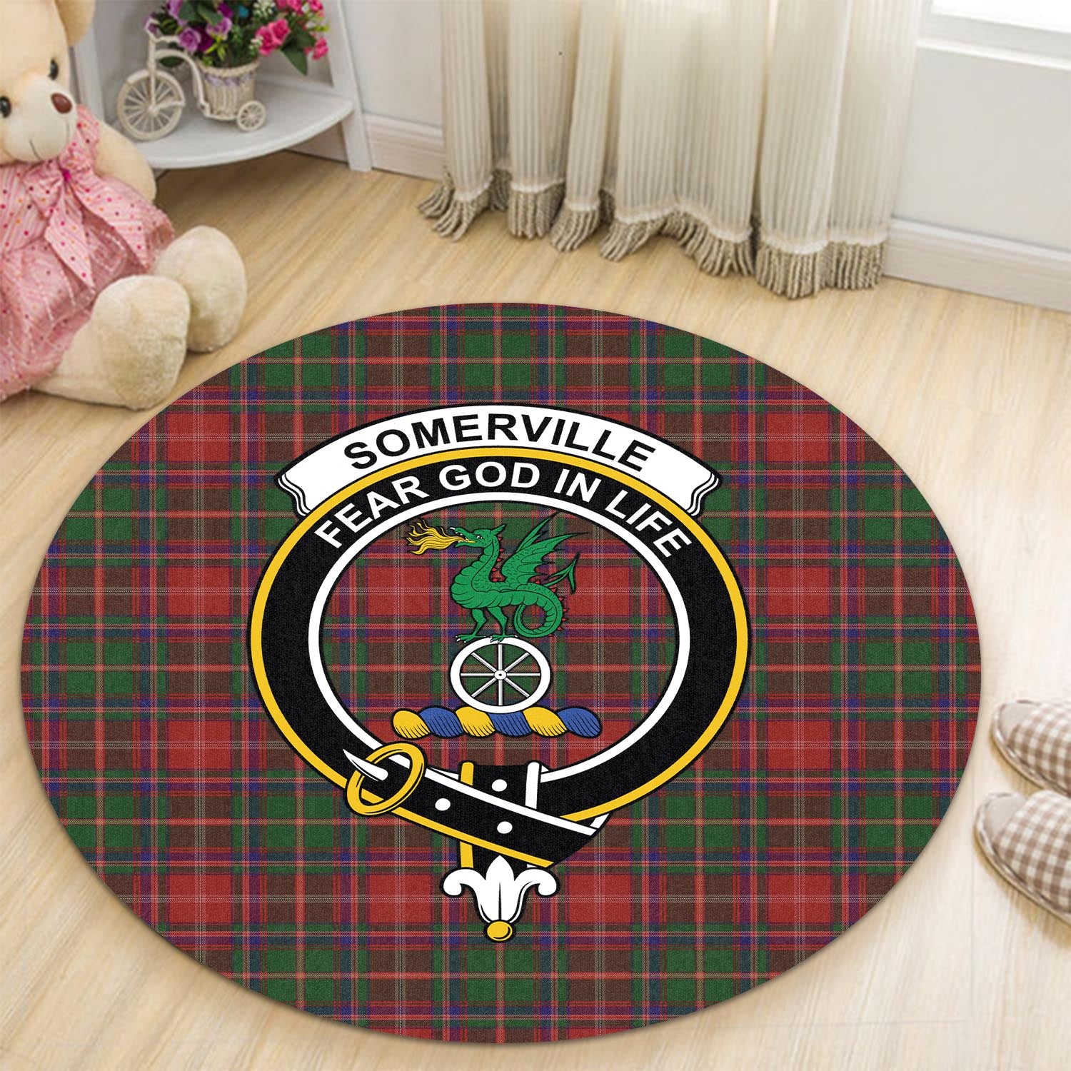 somerville-tartan-round-rug-with-family-crest