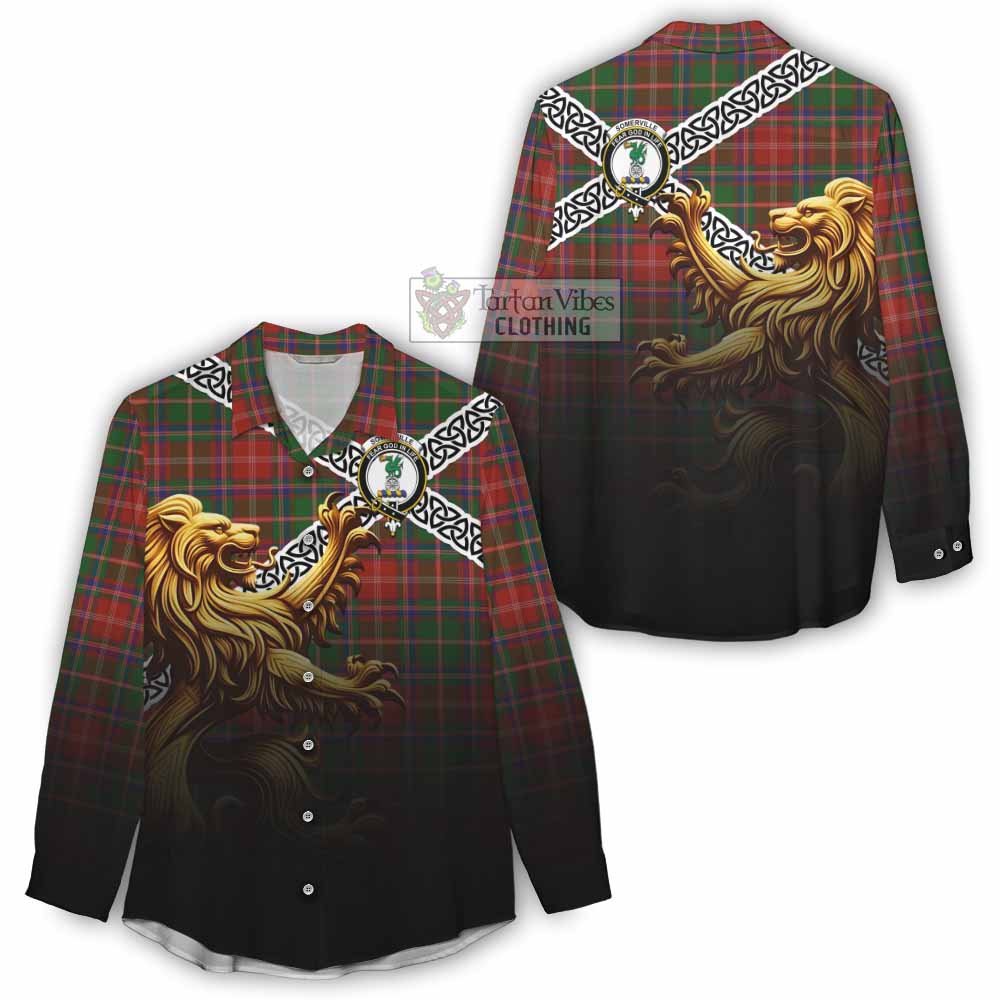 Tartan Vibes Clothing Somerville Crest Tartan Women's Casual Shirt with Golden Lion Emblem Celtic Style