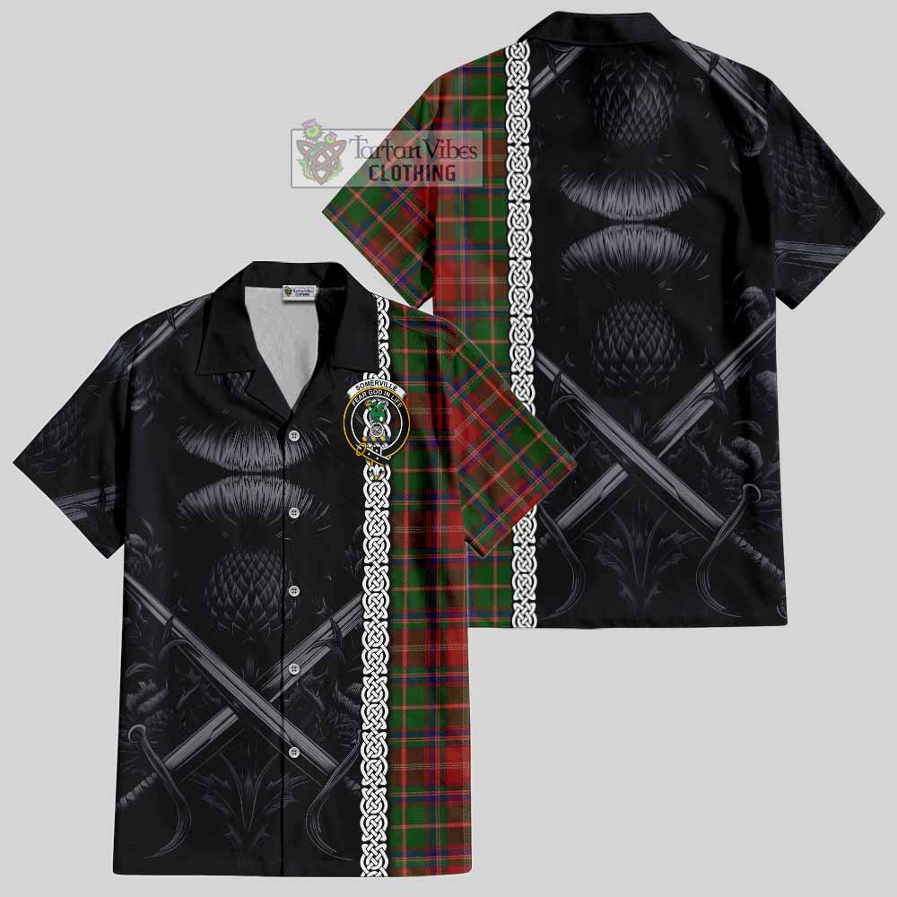 Tartan Vibes Clothing Somerville Tartan Short Sleeve Button Shirt with Family Crest Cross Sword Thistle Celtic Vibes