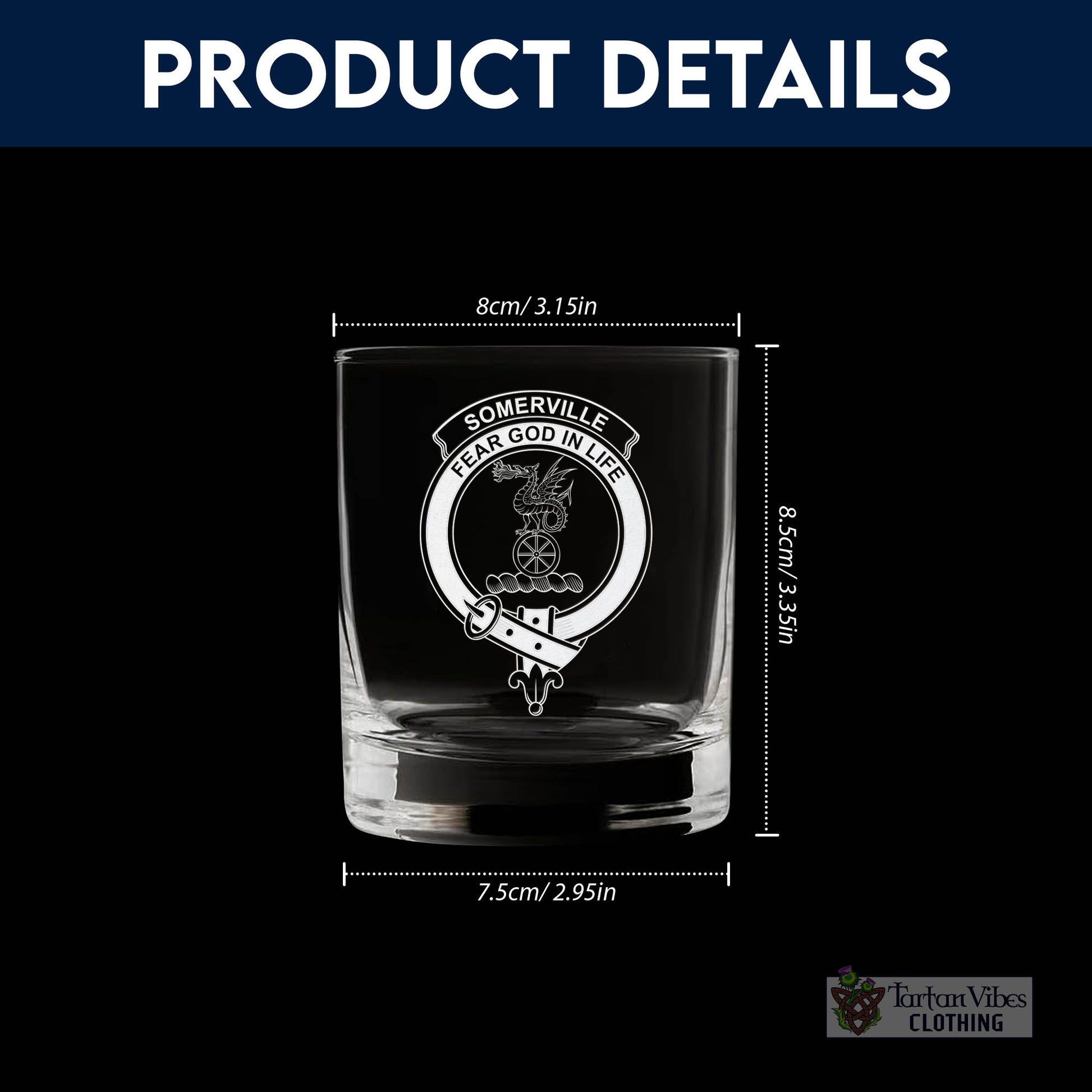 Tartan Vibes Clothing Somerville Family Crest Engraved Whiskey Glass with Handle