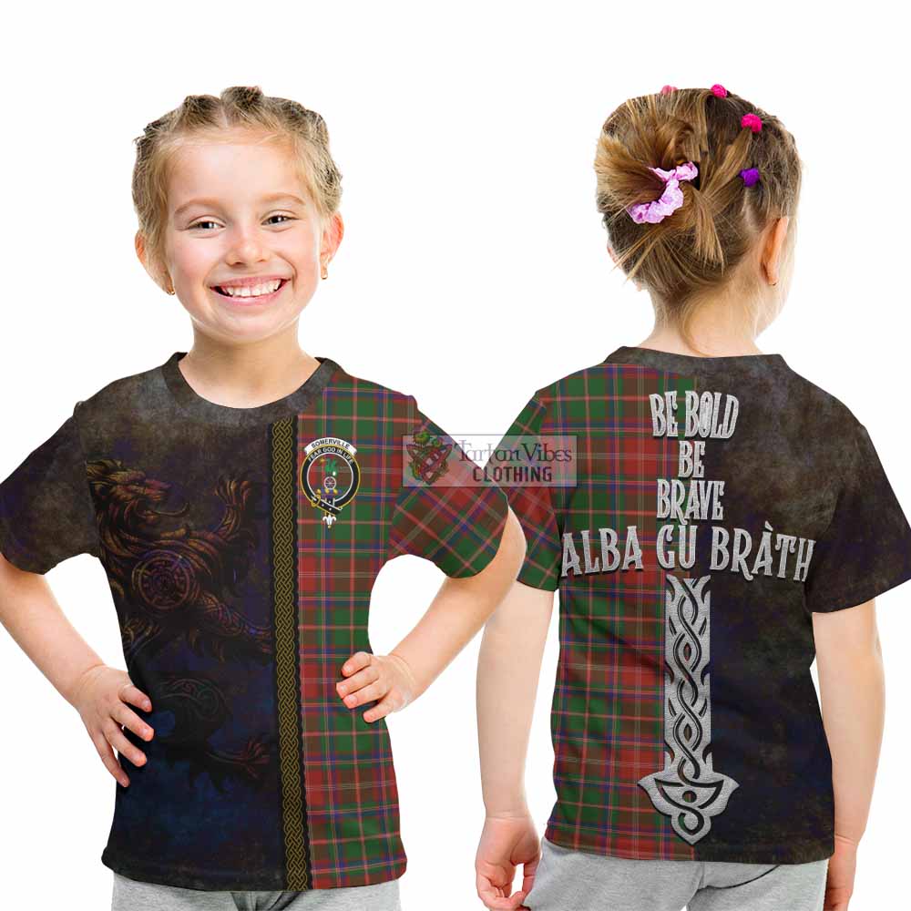 Tartan Vibes Clothing Somerville Tartan Family Crest Kid T-Shirt Alba Gu Brath Be Brave Lion Ancient Style