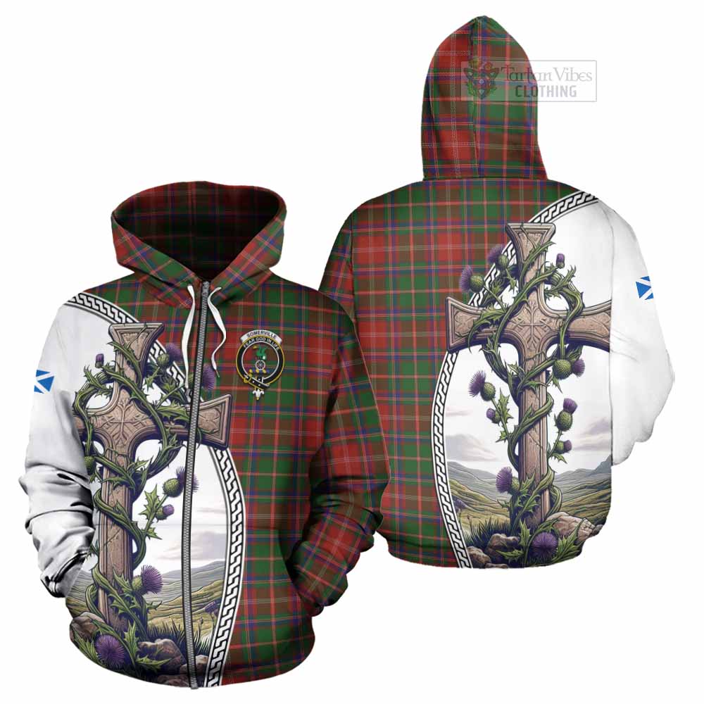 Tartan Vibes Clothing Somerville Tartan Hoodie with Family Crest and St. Andrew's Cross Accented by Thistle Vines