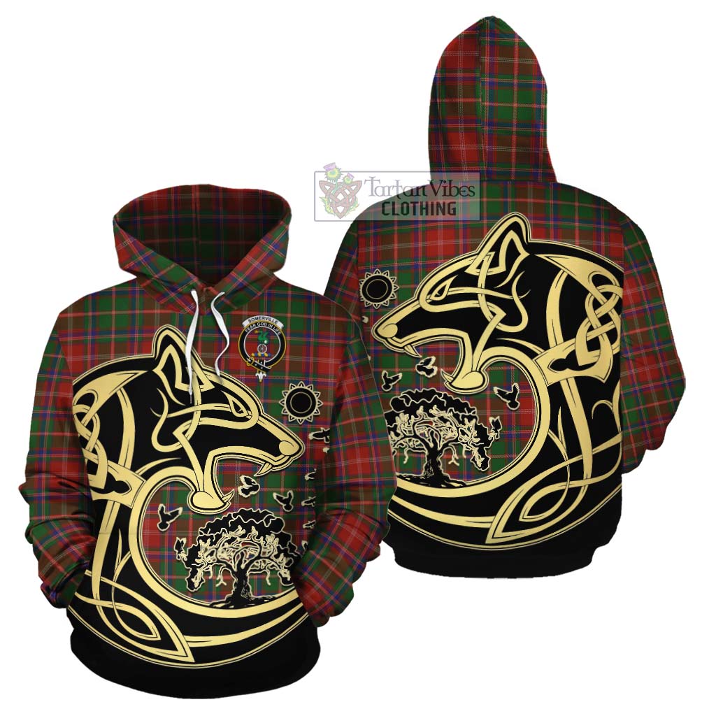 Tartan Vibes Clothing Somerville Tartan Cotton Hoodie with Family Crest Celtic Wolf Style