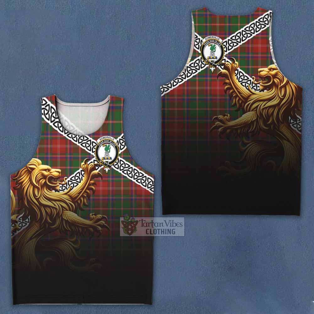 Tartan Vibes Clothing Somerville Crest Tartan Men's Tank Top with Golden Lion Emblem Celtic Style