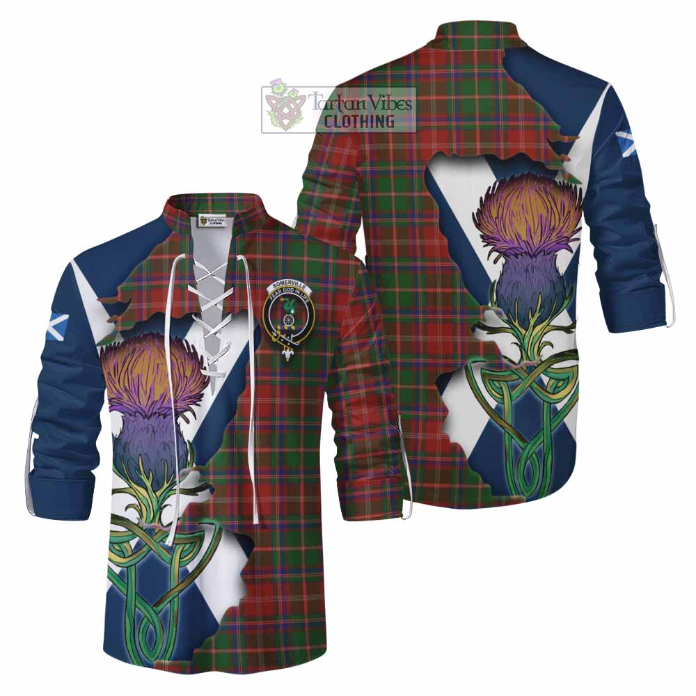 Tartan Vibes Clothing Somerville Tartan Family Crest Ghillie Kilt Shirt Scottish Thistle Celtic Inspired
