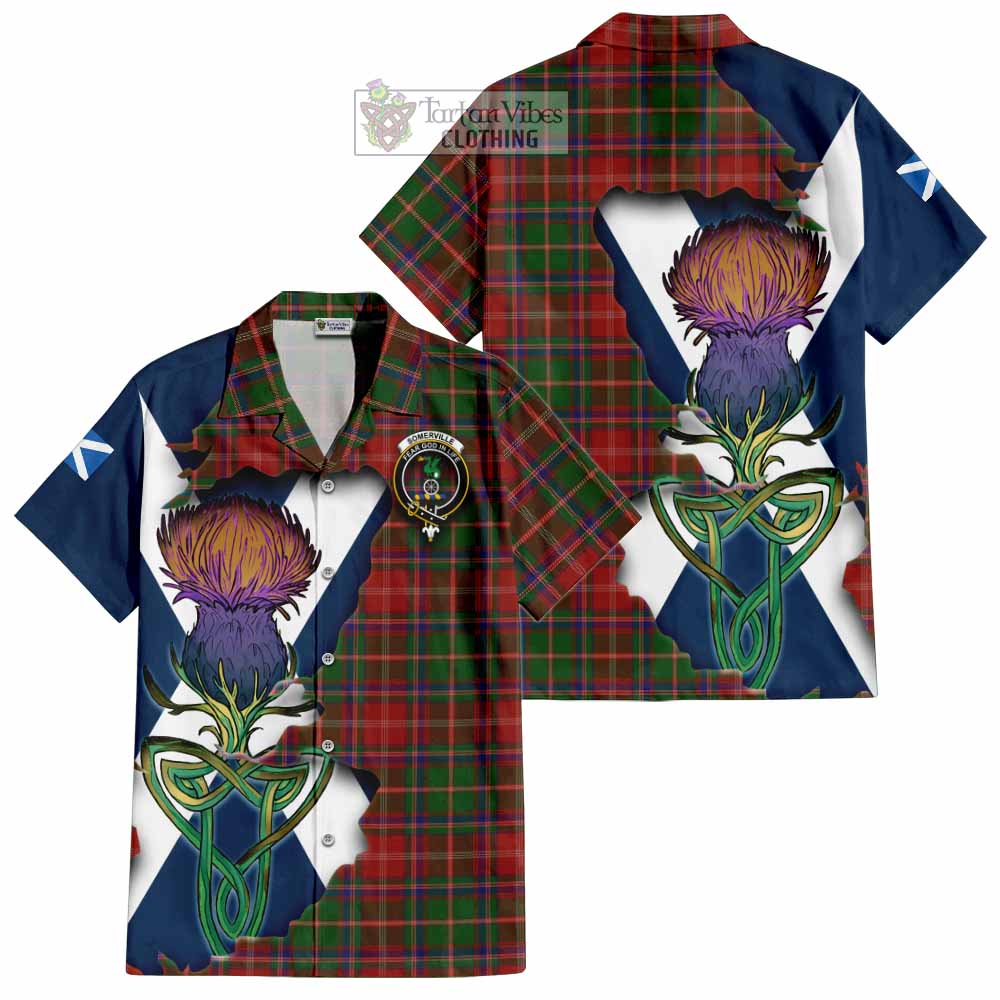 Tartan Vibes Clothing Somerville Tartan Family Crest Short Sleeve Button Shirt Scottish Thistle Celtic Inspired