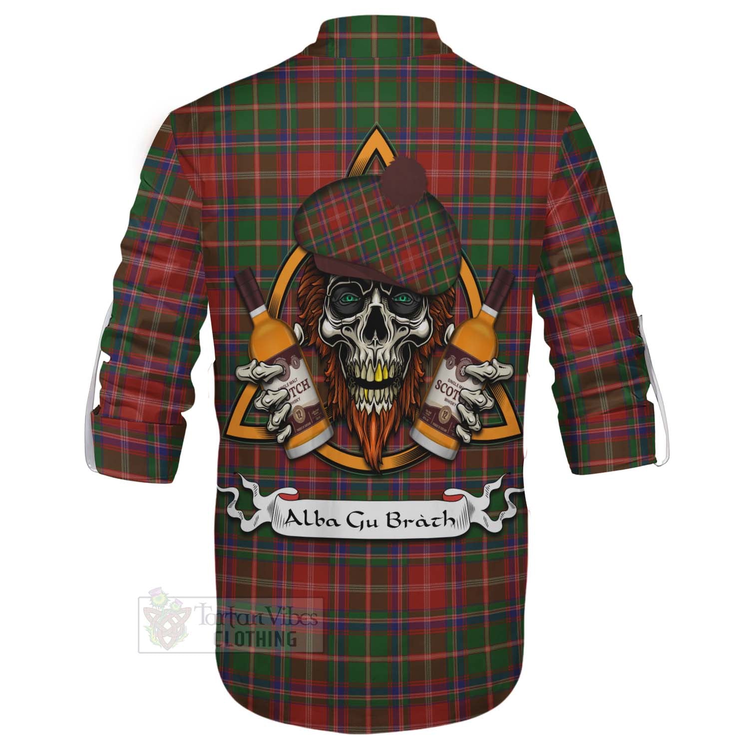 Tartan Vibes Clothing Somerville Tartan Ghillie Kilt Shirt with Family Crest and Bearded Skull Holding Bottles of Whiskey