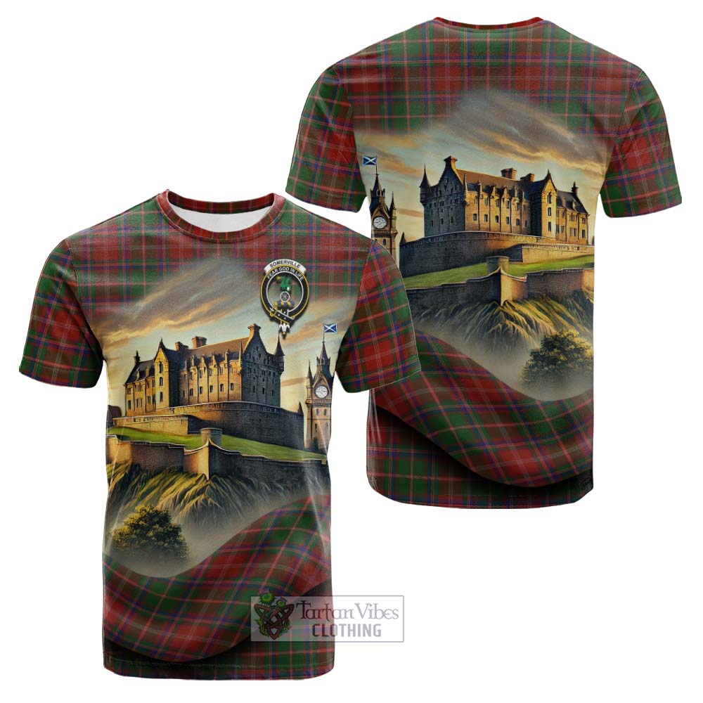 Tartan Vibes Clothing Somerville Tartan Family Crest Cotton T-shirt with Scottish Ancient Castle Style