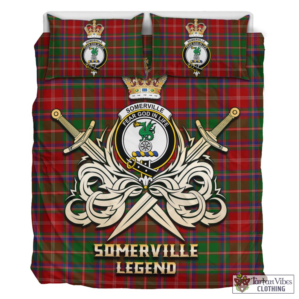 Tartan Vibes Clothing Somerville Tartan Bedding Set with Clan Crest and the Golden Sword of Courageous Legacy