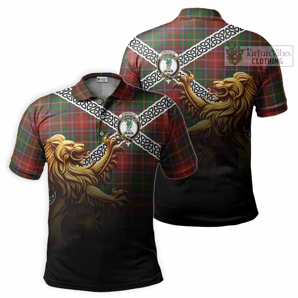 Tartan Vibes Clothing Somerville Crest Tartan Polo Shirt with Golden Lion Emblem Celtic Style