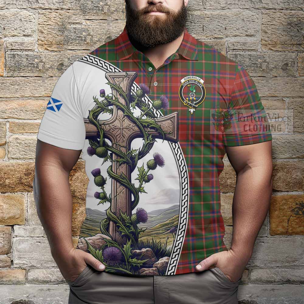 Tartan Vibes Clothing Somerville Tartan Polo Shirt with Family Crest and St. Andrew's Cross Accented by Thistle Vines